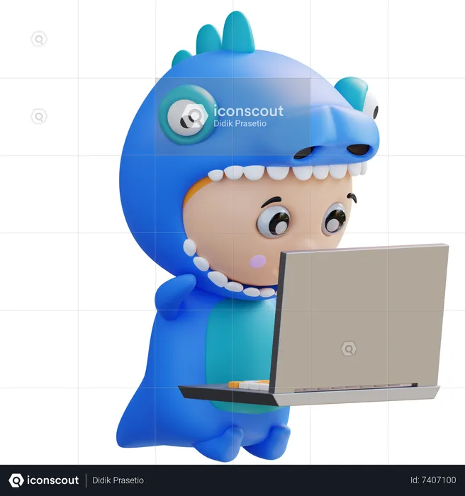 Dino Was Holding A Laptop  3D Illustration