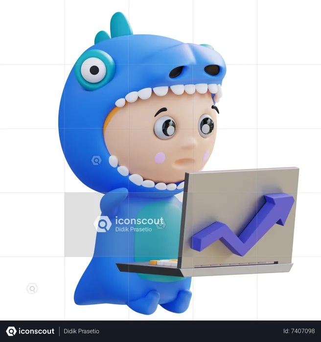 Dino Working In Front Of Laptop  3D Illustration