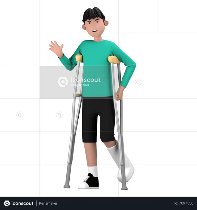 Disability Man Walking With Crutches Sticks  3D Icon