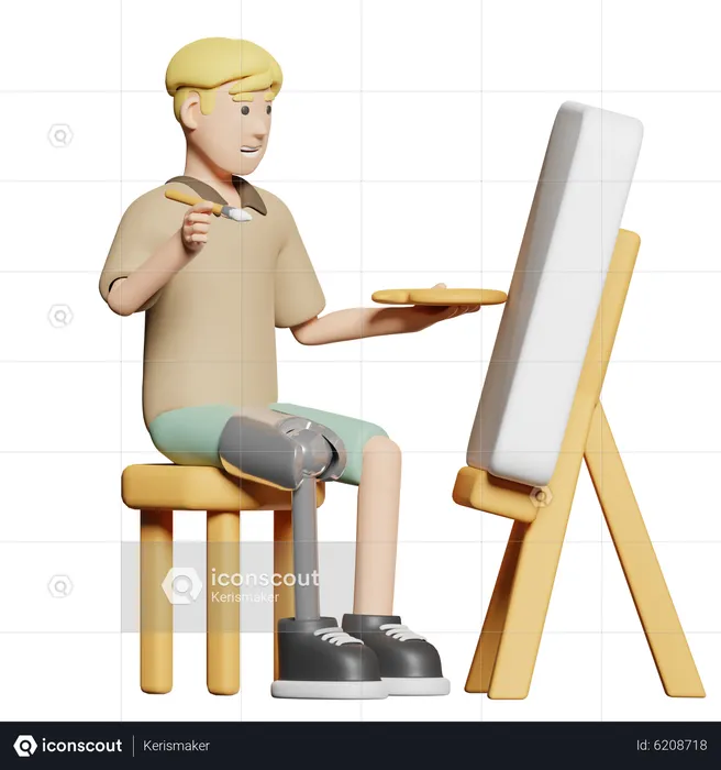 Disabled man painting in canvas  3D Illustration