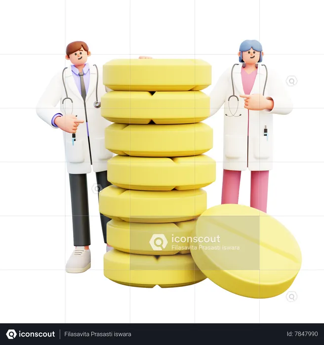 Couple de médecins debout près de la tour Big Pills  3D Illustration