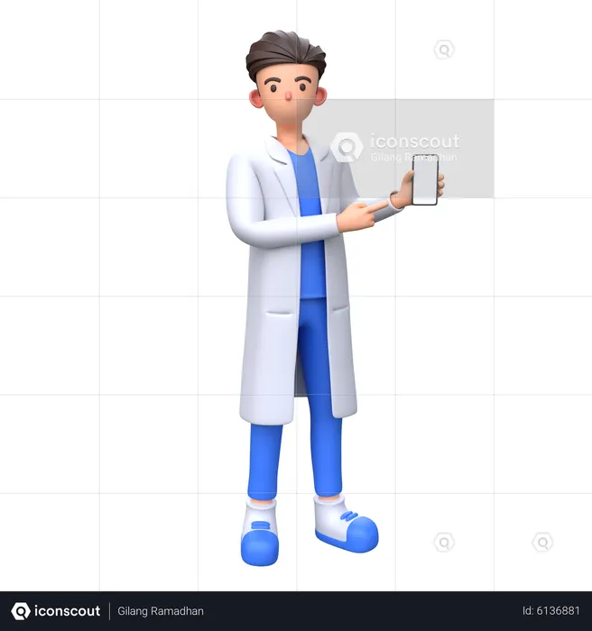 Doctor apuntando a la pantalla del teléfono en blanco  3D Illustration