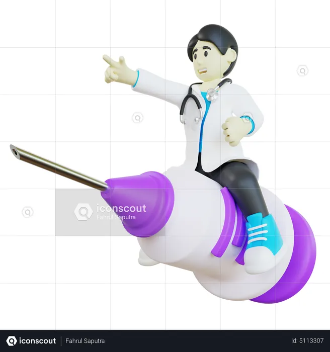 Doctor flying on big syringe  3D Illustration