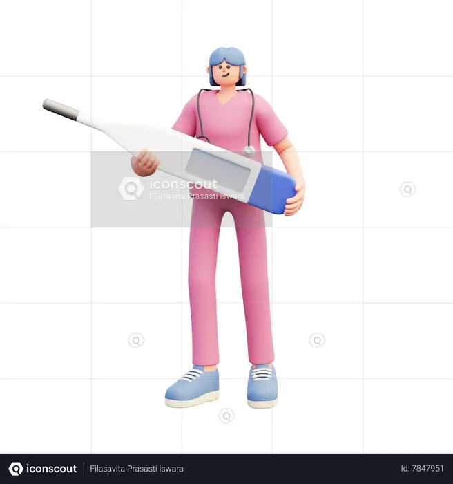 Doctor Holding Big Blank Thermometer  3D Illustration