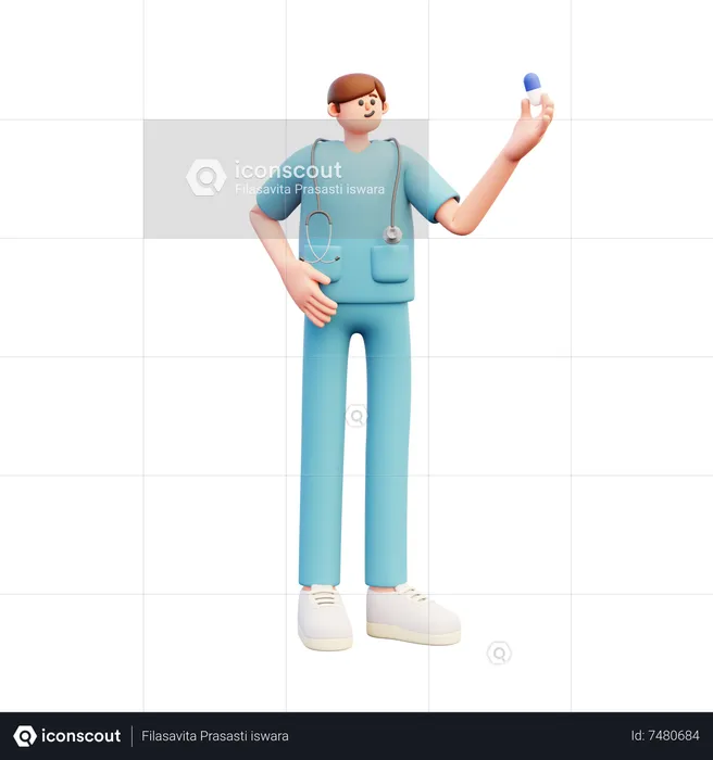 Doctor Holds Blue Capsule  3D Illustration