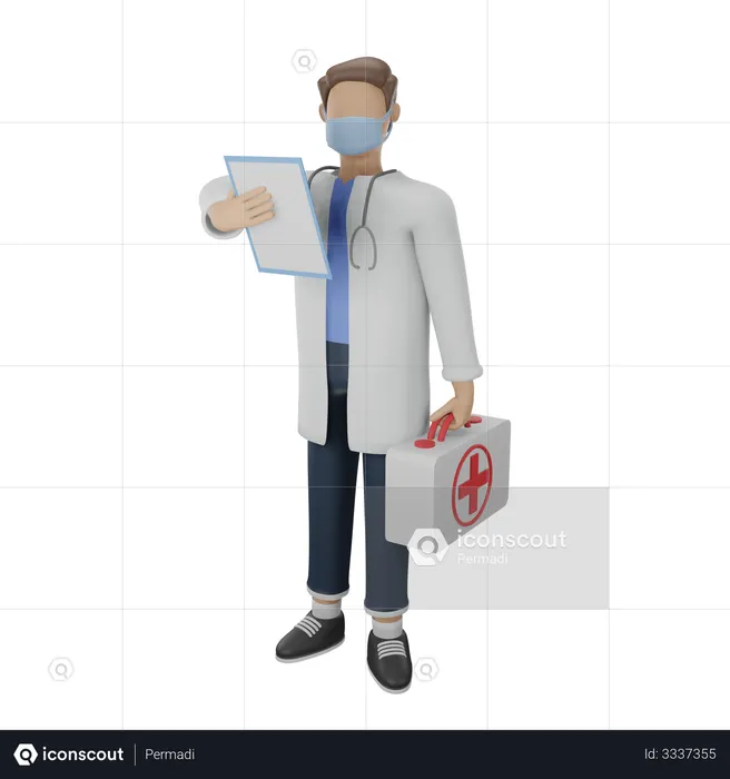 Doctor in white uniform holding patient records and medical bag  3D Illustration