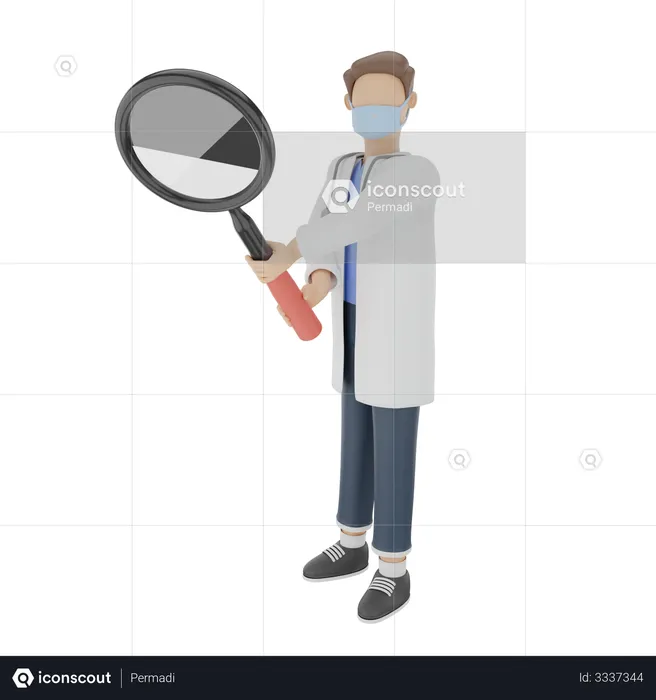 Doctor is detecting virus with a magnifying glass  3D Illustration