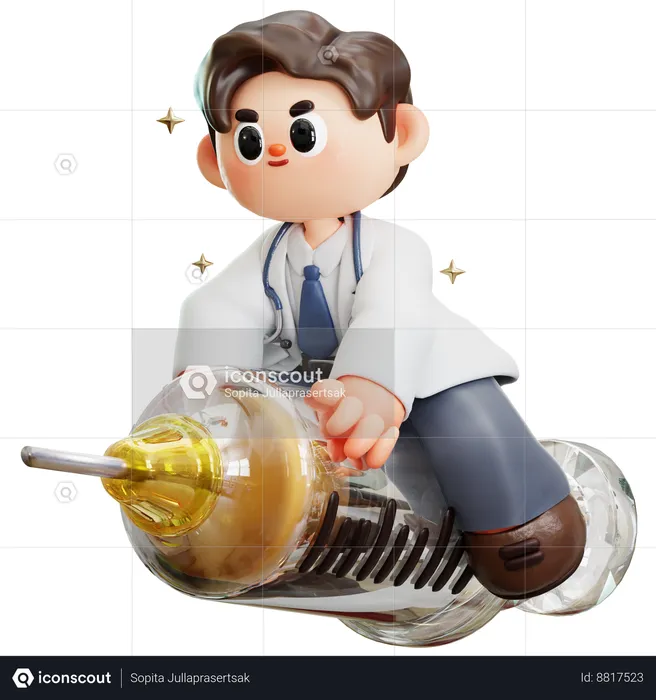 Doctor Is Riding On Syringe  3D Illustration