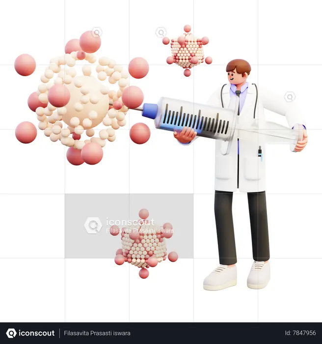 El médico lucha contra el virus con la vacuna dentro de una jeringa grande  3D Icon
