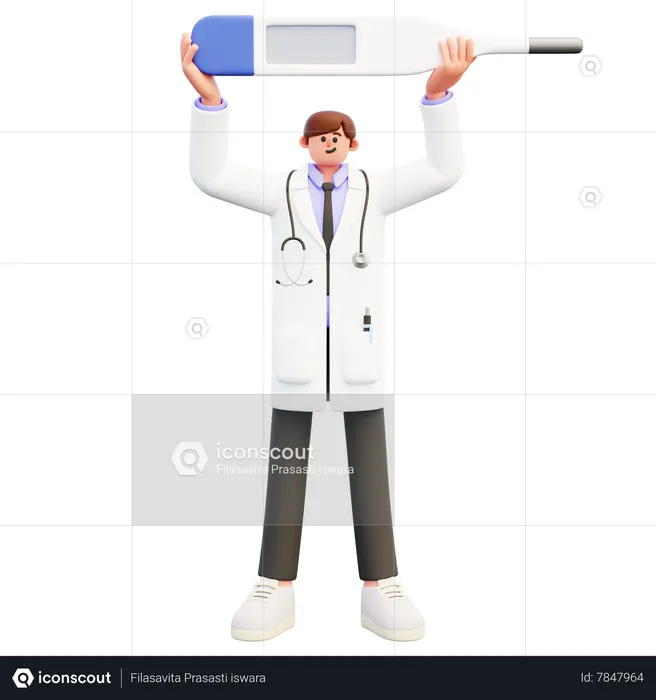 Doctor Standing Holding Big Blank Thermometer  3D Illustration