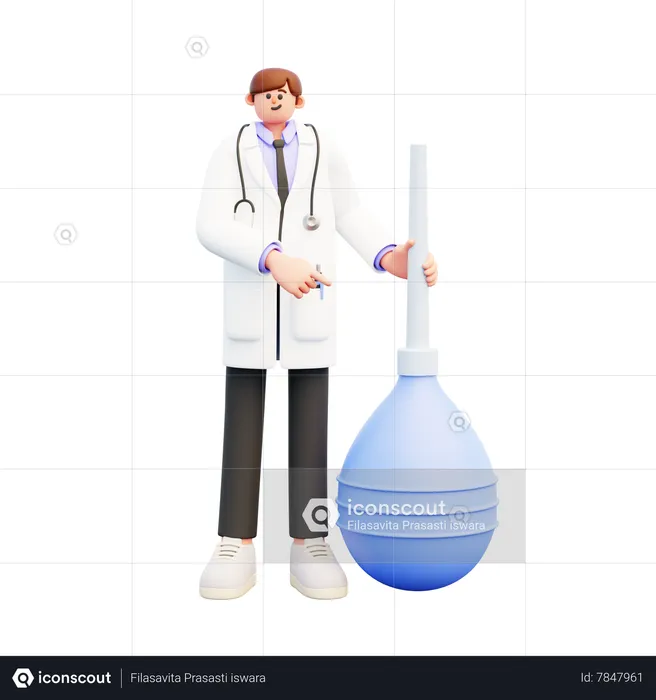 Doctor Standing Near Big Blue Enema Clyster Pointing  3D Illustration