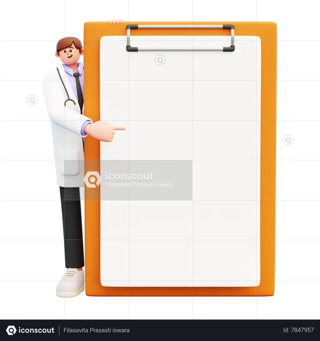 Doctor Standing Near Big Clip Board With White Paper From Behind  3D Icon