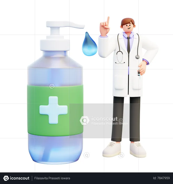 Doctor Standing Near Big Dispenser Bottle Of Sanitizer  3D Illustration