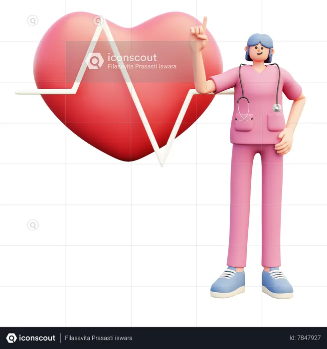 Doctora con cardiograma de corazón rosa  3D Icon