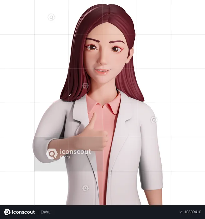 Doctora mostrando un gesto de pulgar hacia arriba con su mano derecha,  3D Illustration