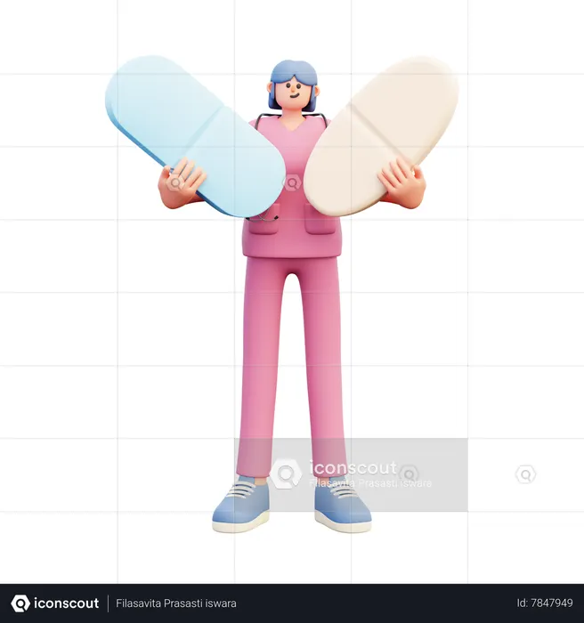Doctora sosteniendo dos pastillas grandes diferentes  3D Icon
