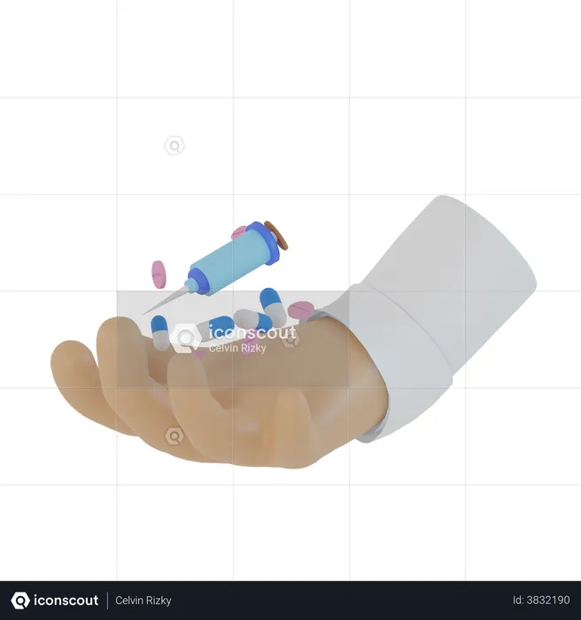 Doctor's hand carrying injections and health pills  3D Illustration