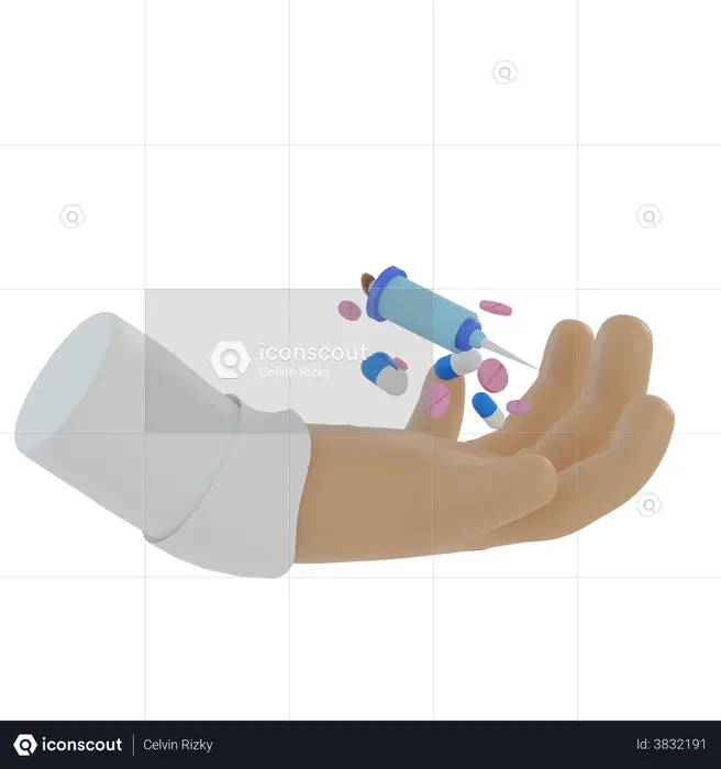 Doctor's hand carrying injections and health pills  3D Illustration
