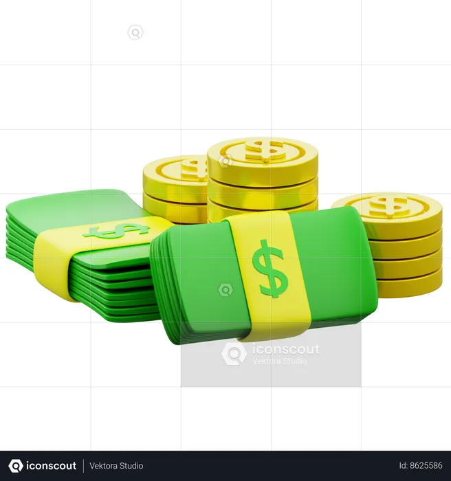 Dinheiro e moedas em dólar  3D Icon