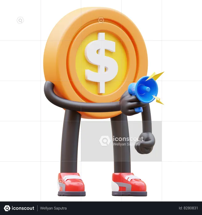 Dollar Coin Character Holding Megaphone For Marketing  3D Illustration