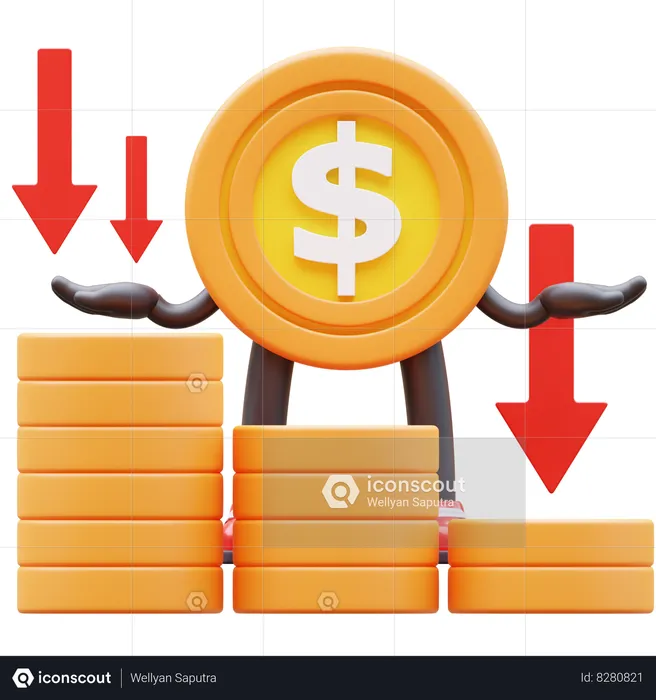 Dollar Coin Character Showing Money Graph Falling Down  3D Illustration