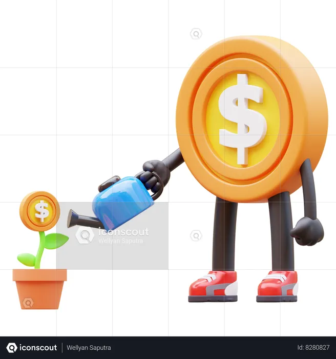Dollar Coin Character Watering Money Plant For Investment  3D Illustration