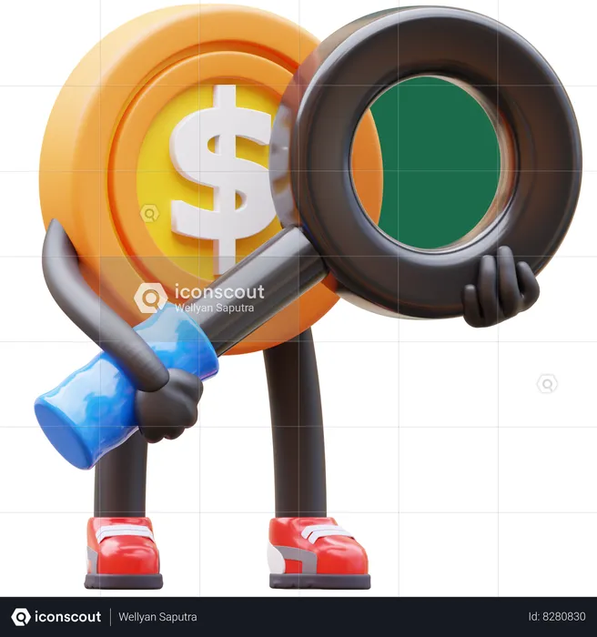 Dollar Coin Character With Magnifying Glass  3D Illustration