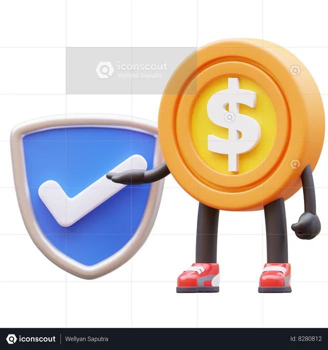 Dollar Coin Character With Verified Shield  3D Illustration