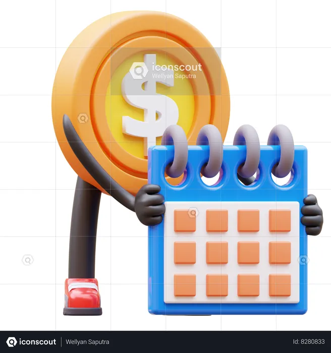 Calendrier de tenue de personnage de pièce de monnaie en dollars, calendrier de planification  3D Illustration