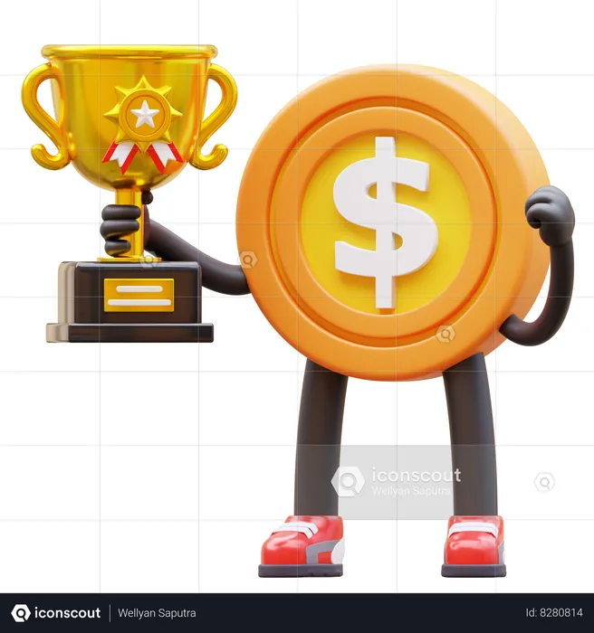 Personnage de pièce d'un dollar tenant le trophée  3D Illustration