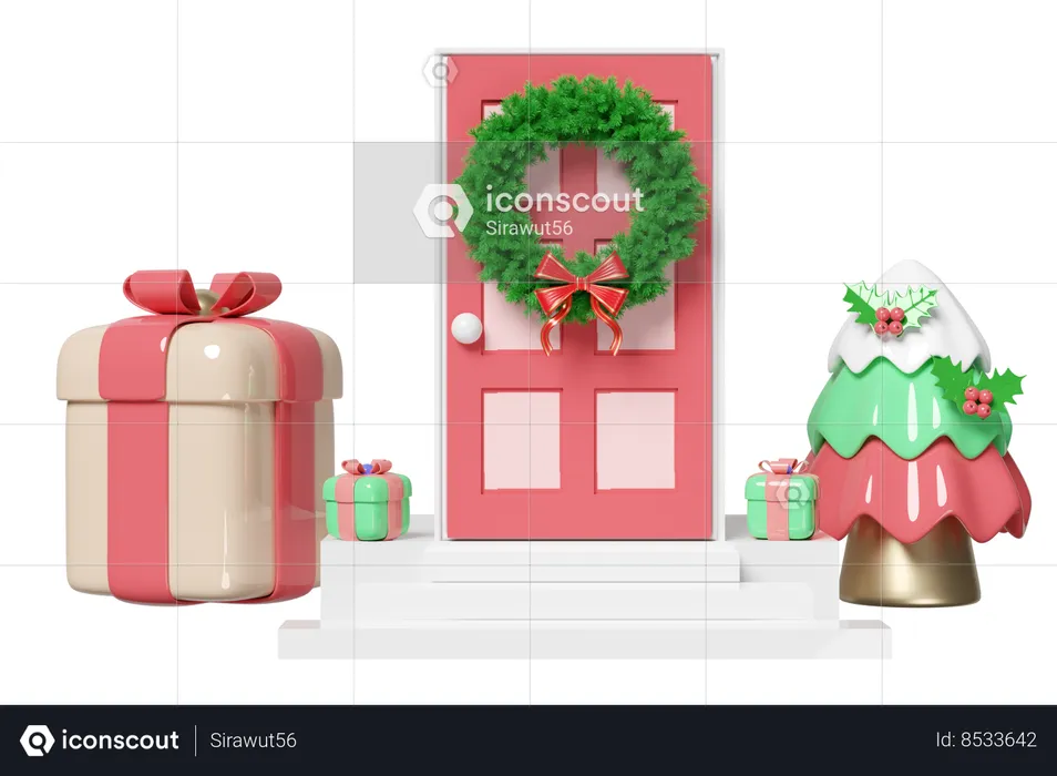 Door  decorated with wreath pine leaves  3D Illustration