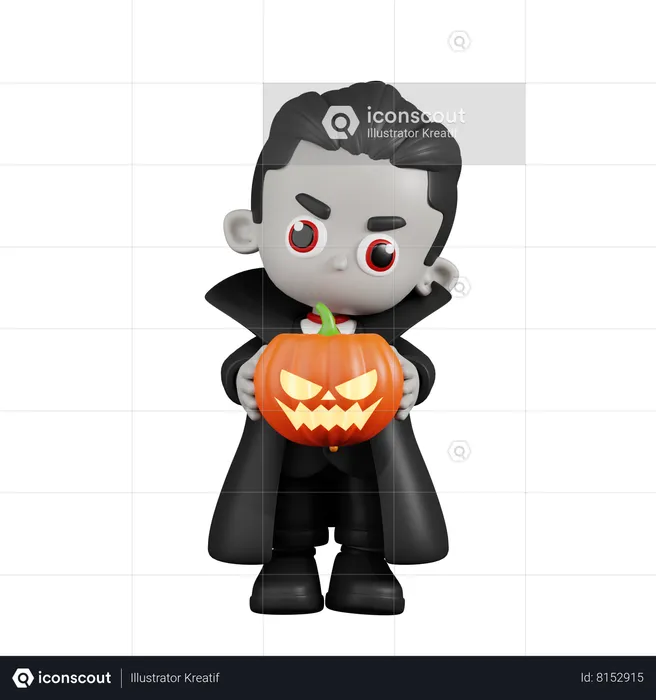 Drácula Vampiro Sosteniendo Calabaza De Halloween  3D Illustration