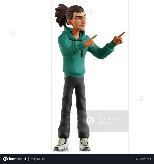 Homem com dreadlocks apontando algo para o lado direito  3D Illustration