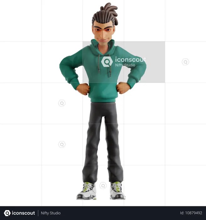Dreadlocks man giving standing pose while putting hands on waist  3D Illustration