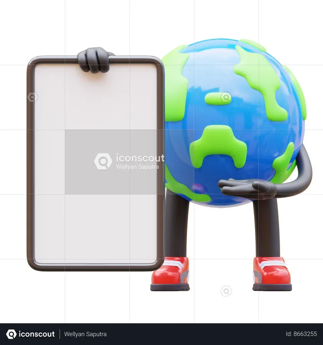 Earth Character Presenting Blank Paper Board  3D Illustration