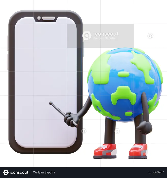 Earth Character Presenting Blank Smartphone Screen  3D Illustration