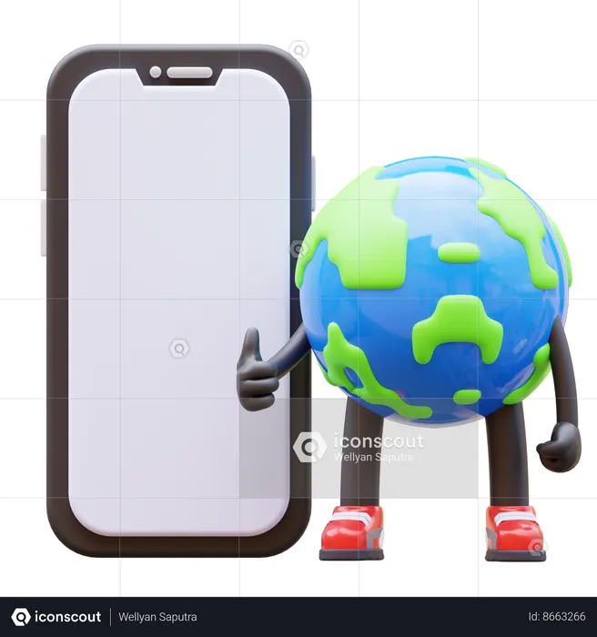 Earth Character Presenting Blank Smartphone Screen  3D Illustration