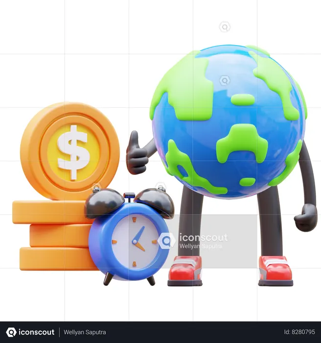 Earth Character Time Is Money  3D Illustration
