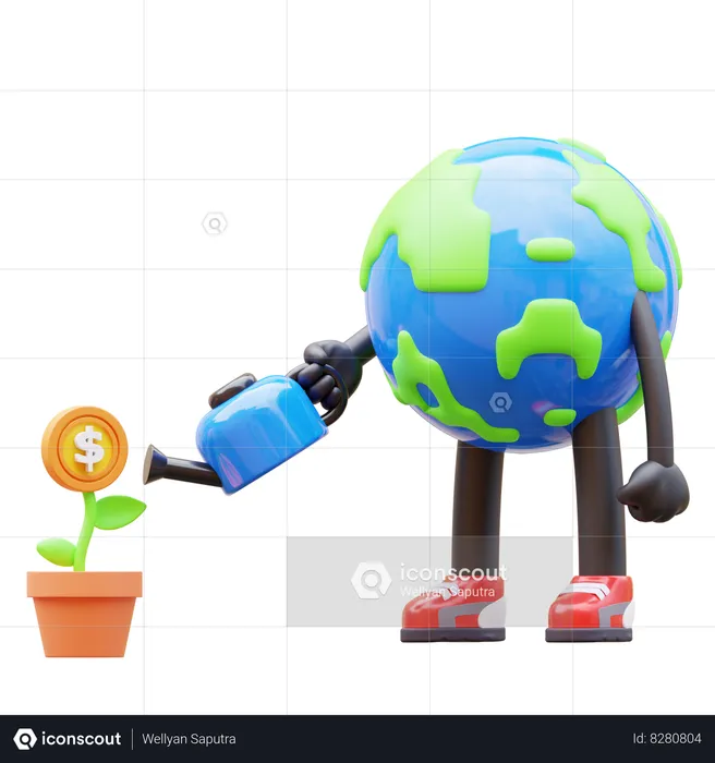 Earth Character Watering Money Plant For Investment  3D Illustration