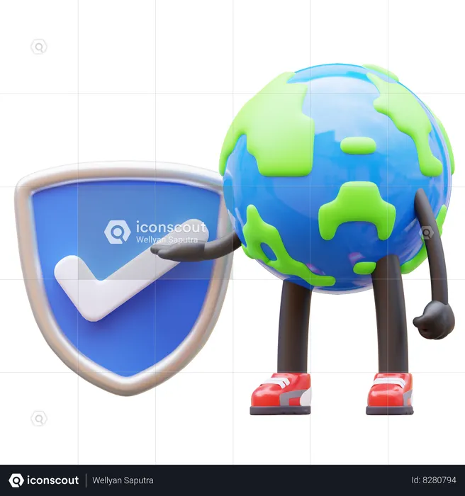 Earth Character With Verified Shield  3D Illustration