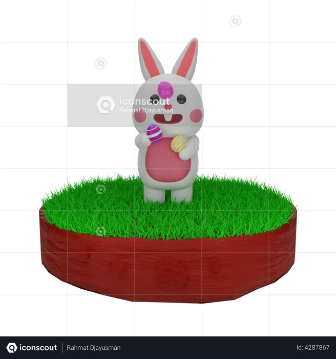 Easter Bunny playing with Easter egg  3D Illustration