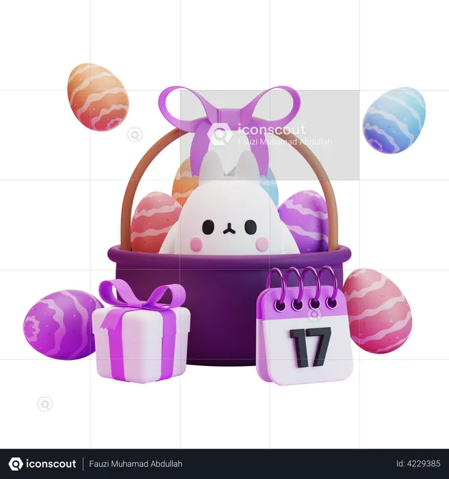 Easter egg basket with bunny  3D Illustration
