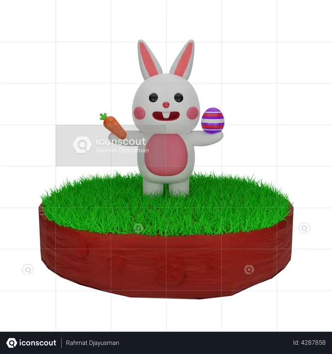 Easter Rabbit with egg and carrot  3D Illustration