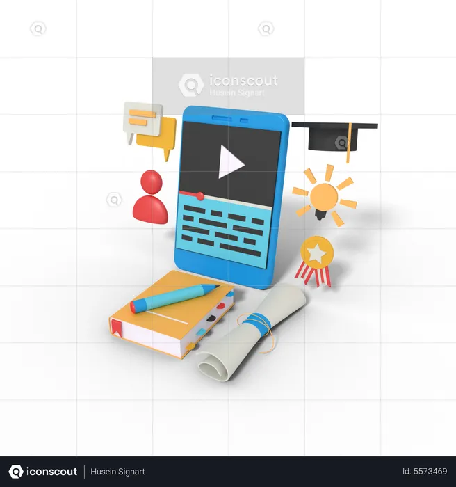 Education streaming app on phone  3D Illustration