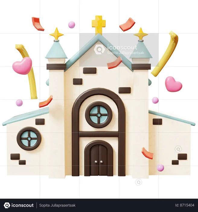 Église avec confettis et coeur  3D Icon