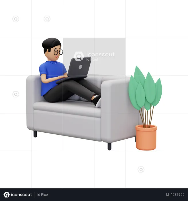 Ein Mann arbeitet zu Hause mit einem Laptop  3D Illustration