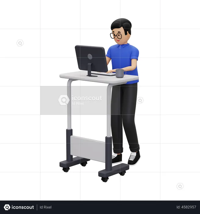 Ein Mitarbeiter arbeitet an einem Desktop-Computer  3D Illustration