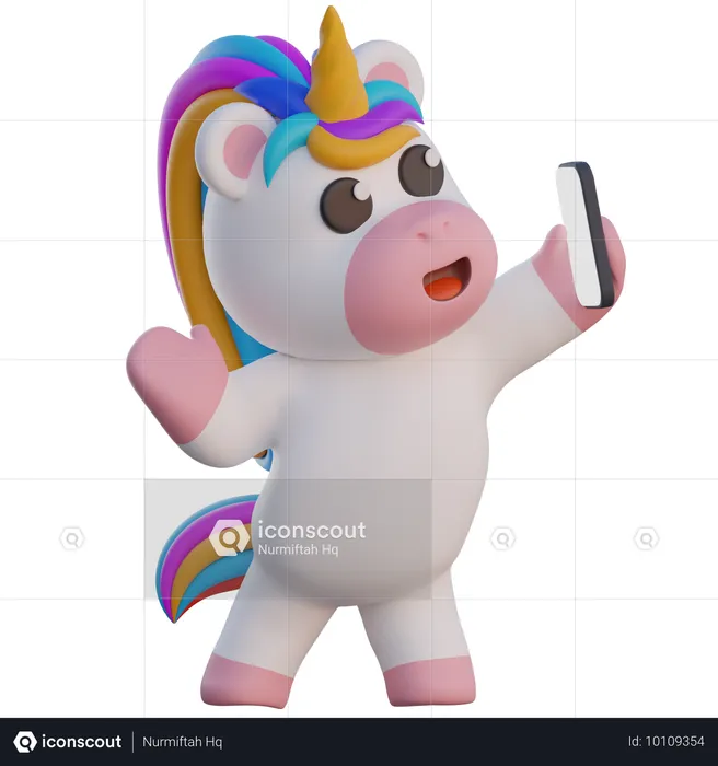 Einhorn macht Selfie mit Smartphone  3D Illustration