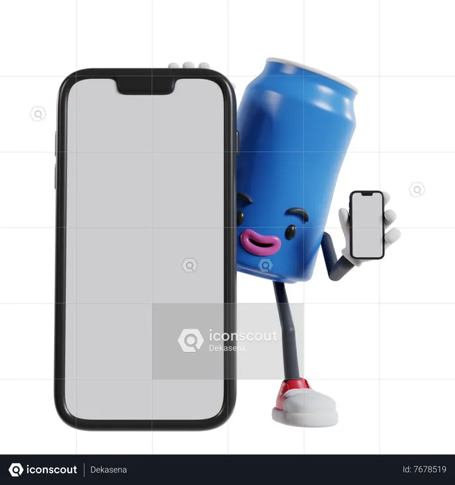 El personaje de lata de refresco aparece detrás de un teléfono grande y sostiene el teléfono  3D Illustration