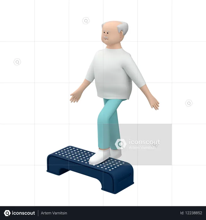 Elderly Man Doing Rehabilitation Activity While Practicing With Step Platform  3D Illustration